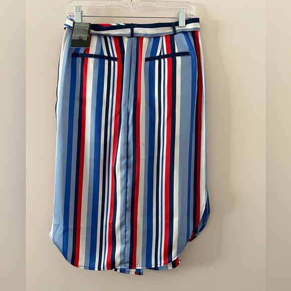 NWT Ralph Lauren Satin Striped Knee Length Belted Skirt Size 4 Blue, Red & White - Picture 7 of 10